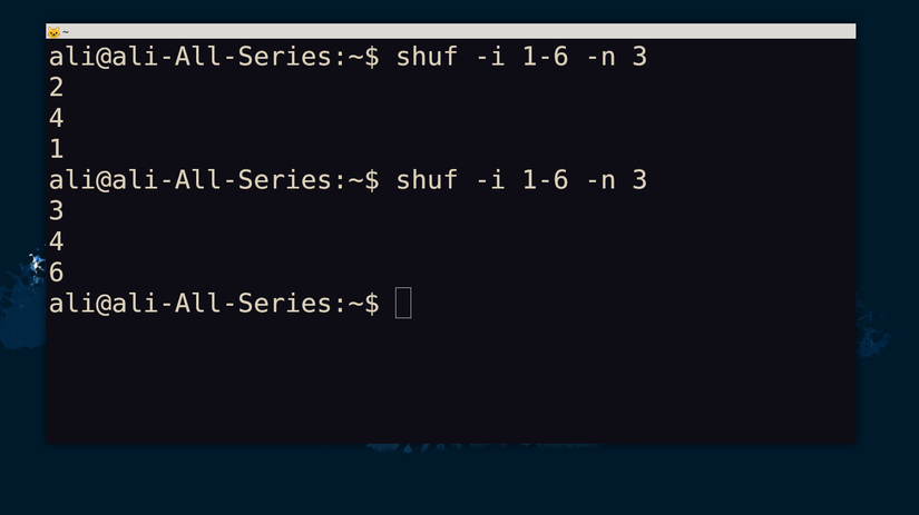 Linux terminal showing shuf tool for rolling multiple dice