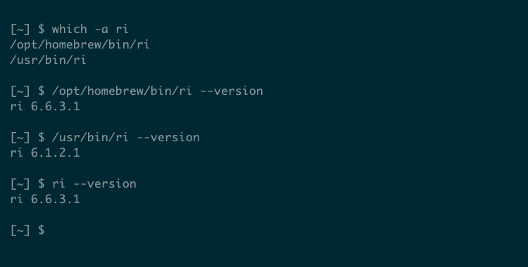 Uma sessão do Terminal Linux mostrando duas versões diferentes do programa RI instalado nos locais do caminho.