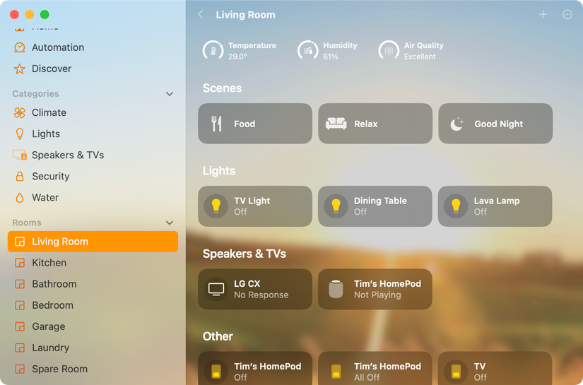 Vista para a sala de estar em casa da Apple.