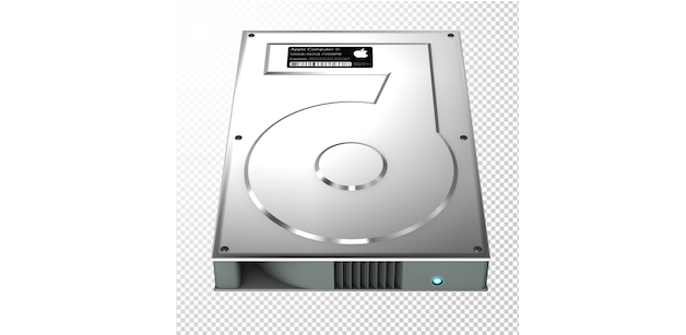 An icon from macOS representing a hard drive: a thick metal slab with air vents and screws.