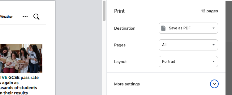 A macOS print dialog window showing "Save as PDF" as the Destination.