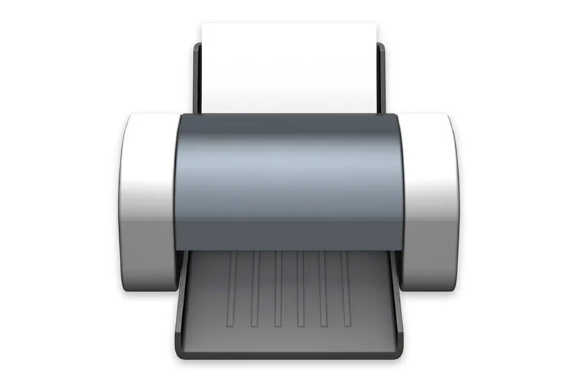 A macOS print icon showing a printer with paper entering at the top and a tray at the bottom.