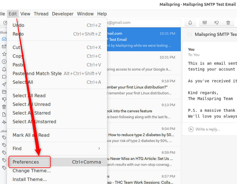 Mailspring App Preferences settings location.