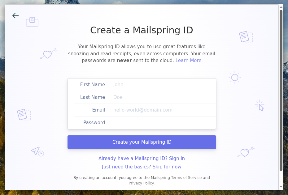 Mailspring asking you to create a Mailspring ID.
