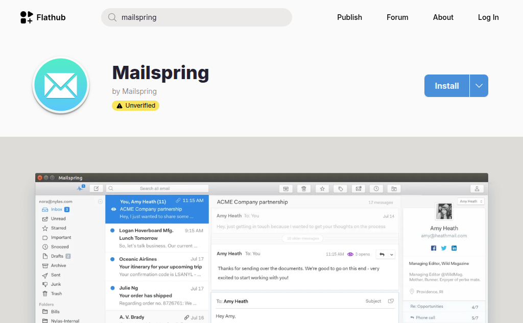 Mailspring available as a Flatpak shown on Flathub.