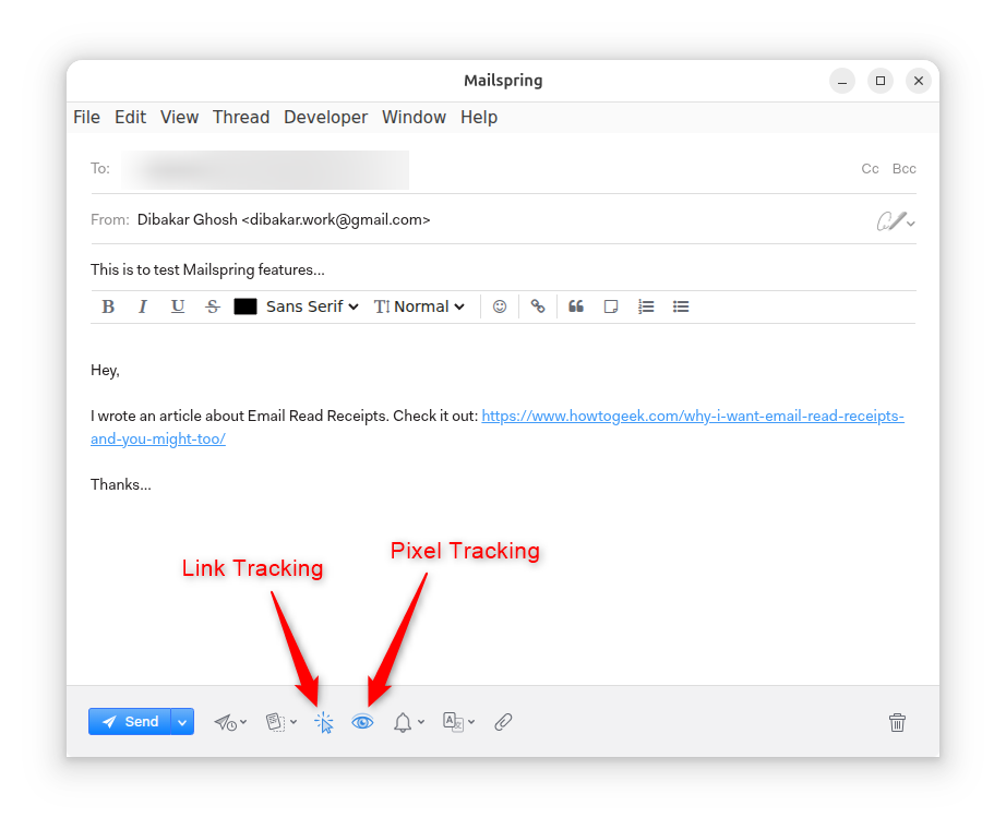 Mailspring email writer with read receipts and link tracking enabled.