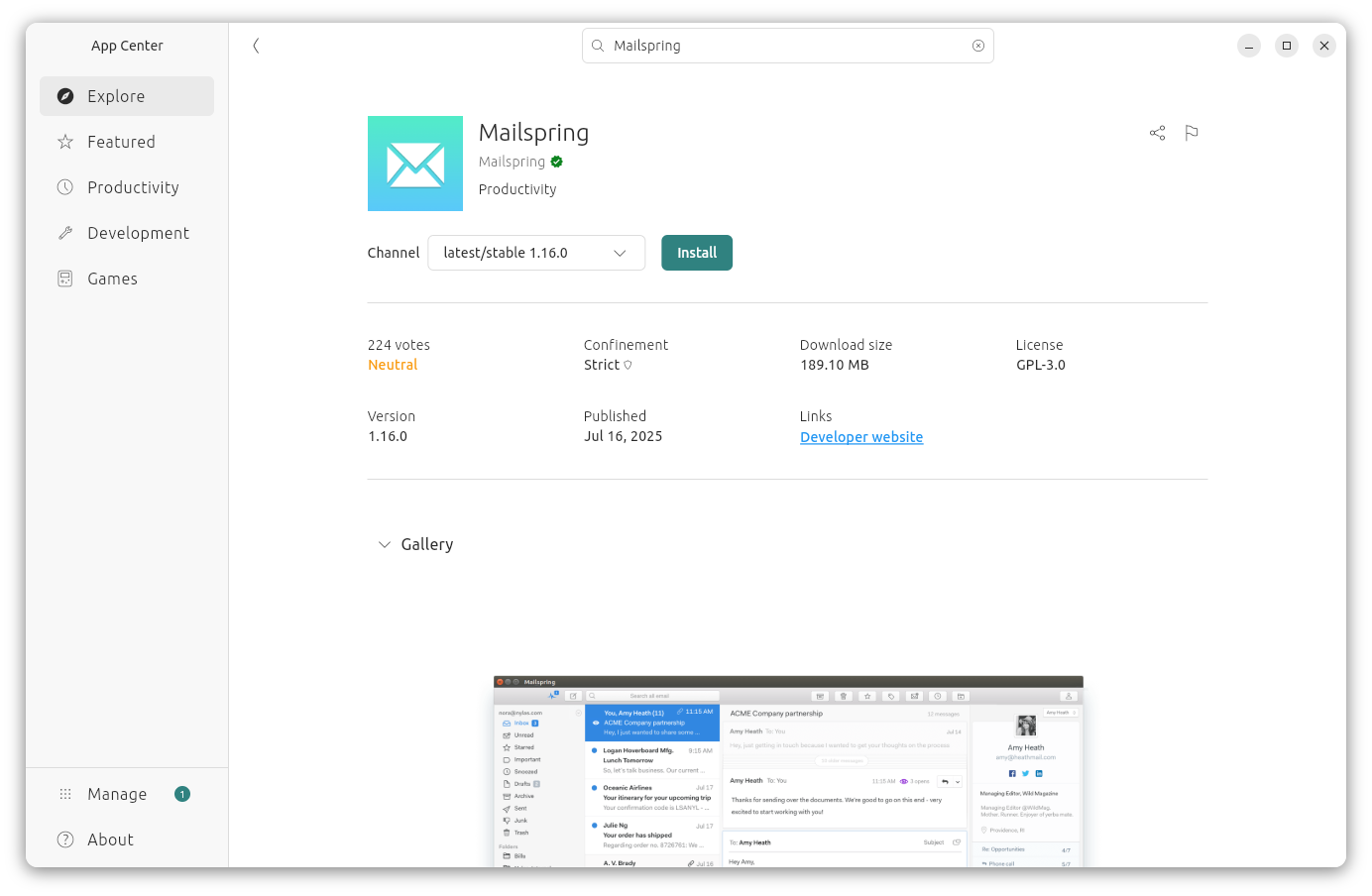 Mailspring in Ubunu App Store available as a Snap package.