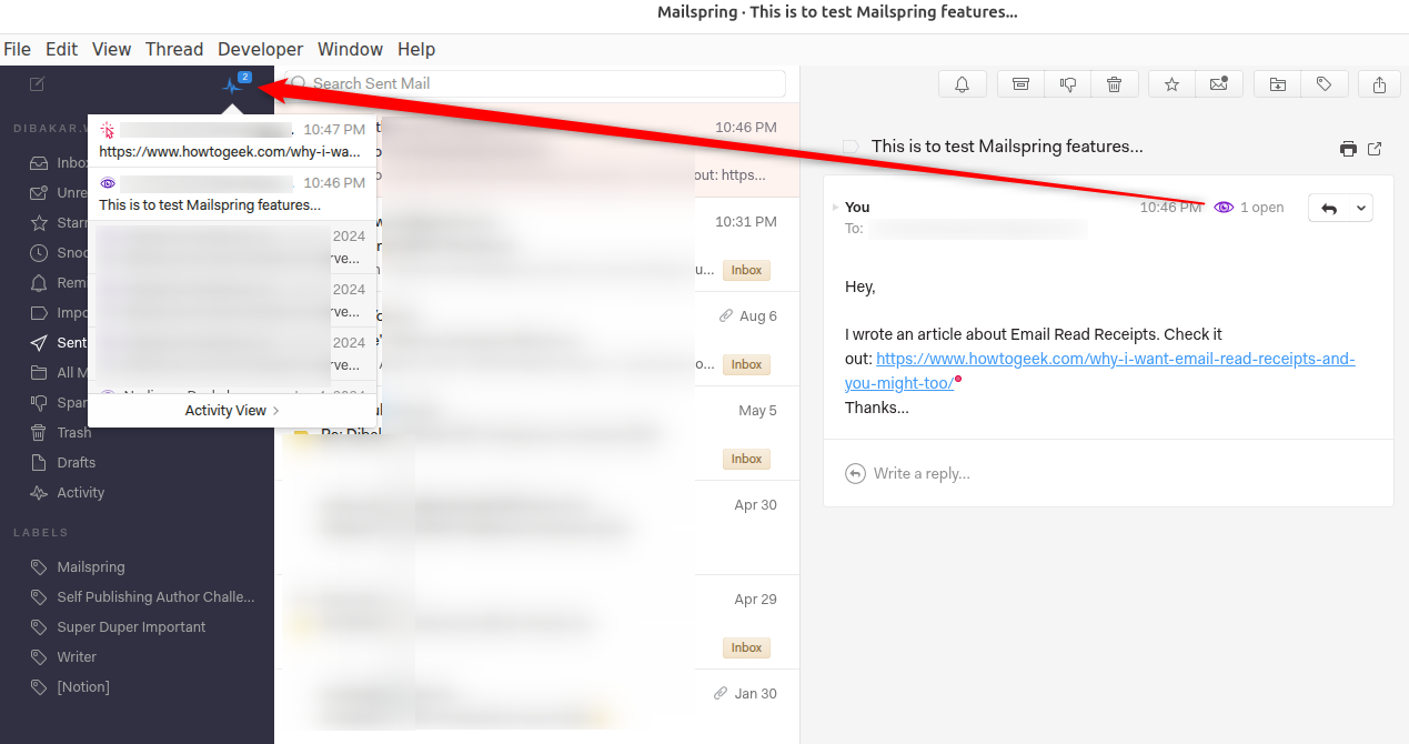 Mailspring read receipts and link tracking notification.