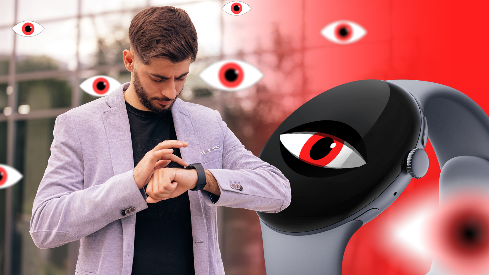 Man checking his smartwatch while surrounded by red eyes, with a close-up of the watch screen showing a large eye symbol.