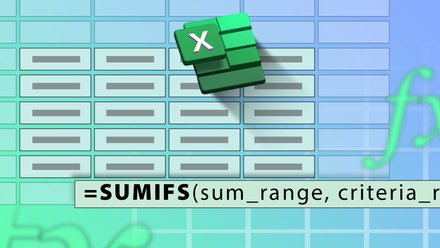 Excel のロゴが付いた SUMIFS 関数を強調した Microsoft Excel の図。
