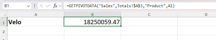 Microsoft Excel's GETPIVOTDATA function is used to extract the total sales value for the product typed in cell A1.