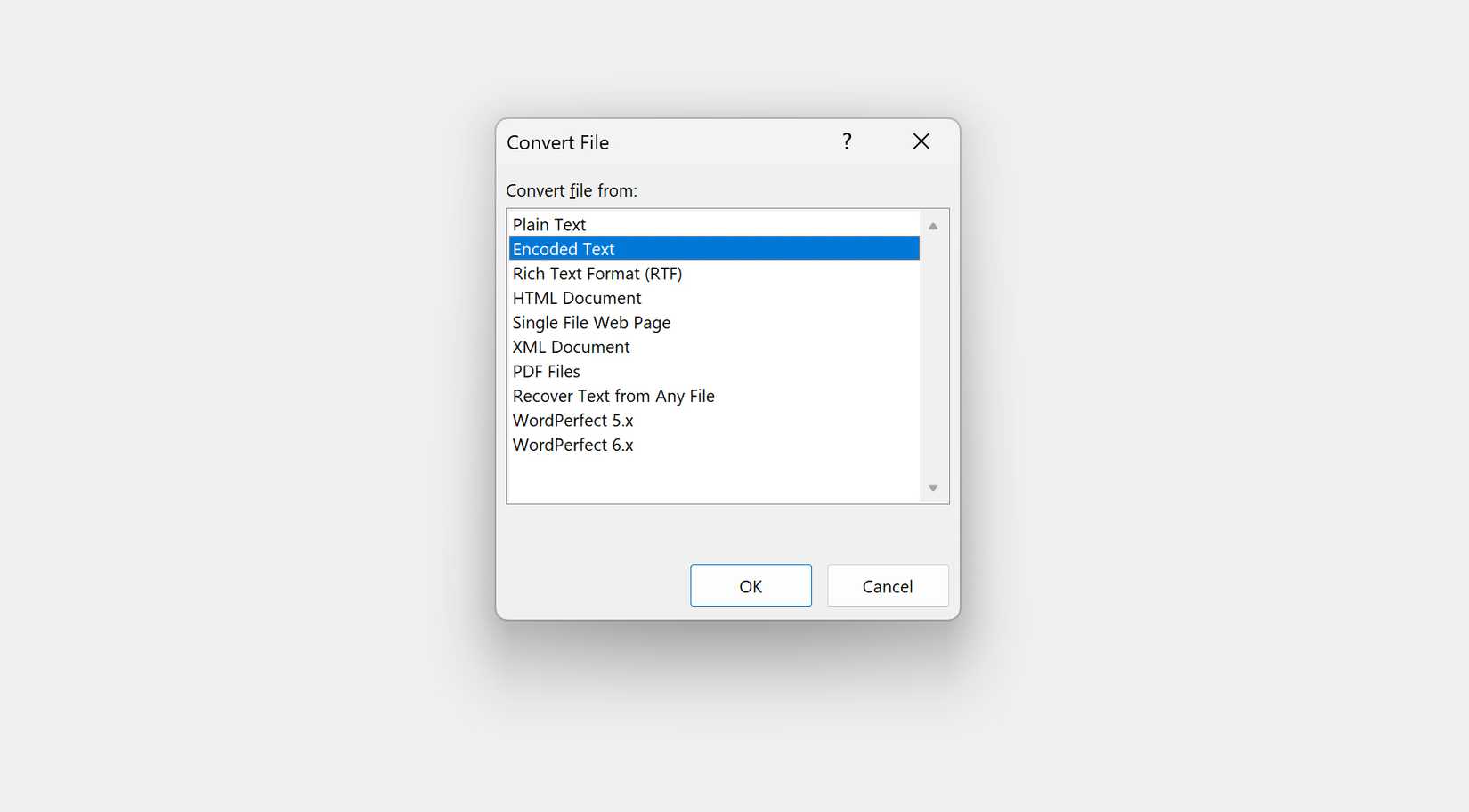 The convert file function in Microsoft Word with "Encoded Text" selected.