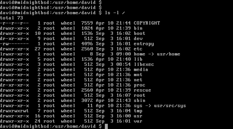 Listagem de diretórios no ambiente do console Midnighbsd.
