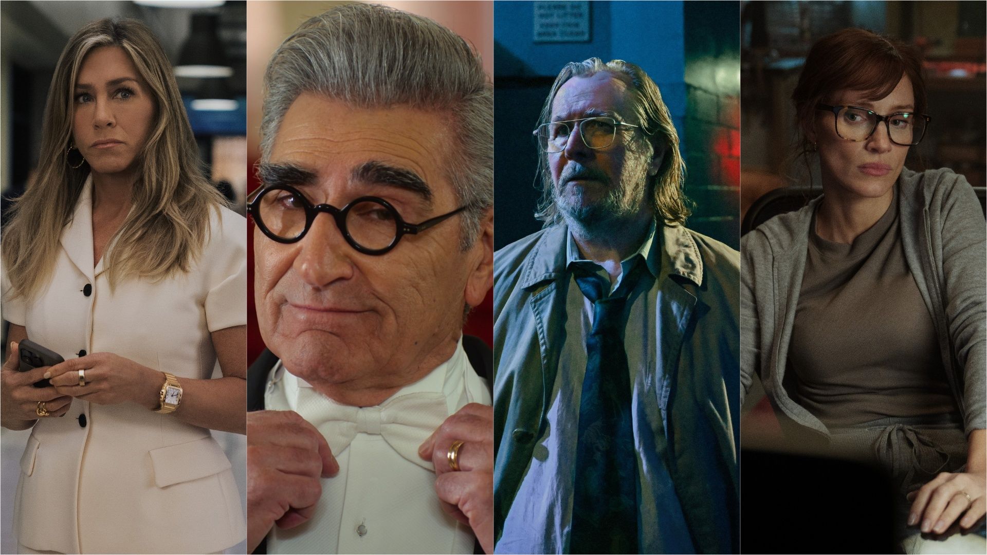 Mix collage of images from The Morning Show, The Reluctant Traveler, Slow Horses, and The Savant on Apple TV+.