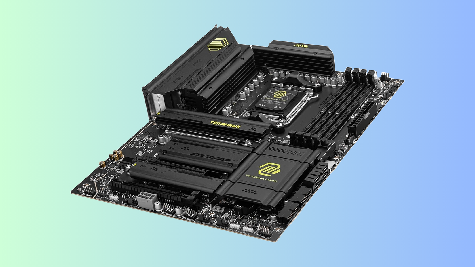 Uma placa -mãe MSI MAG X870 TOMAHAWK WIFI contra um fundo azul -petróleo. 