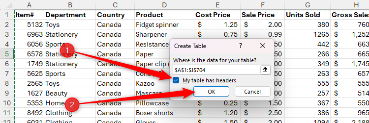 My schedule has heads in the Microsoft Excel's Create Table dialog box, and the OK button is selected.