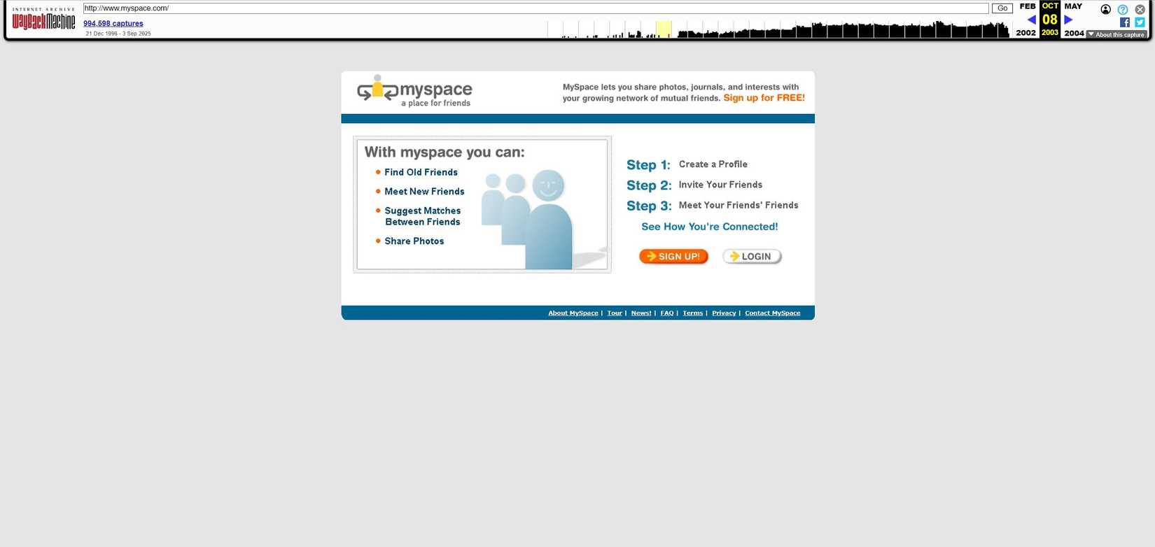 Um instantâneo do site do MySpace.