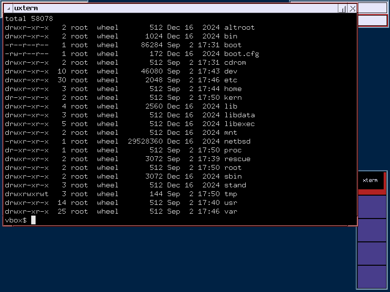 Terminal mostrando uma listagem de diretórios no ambiente de desktop NetBSD.