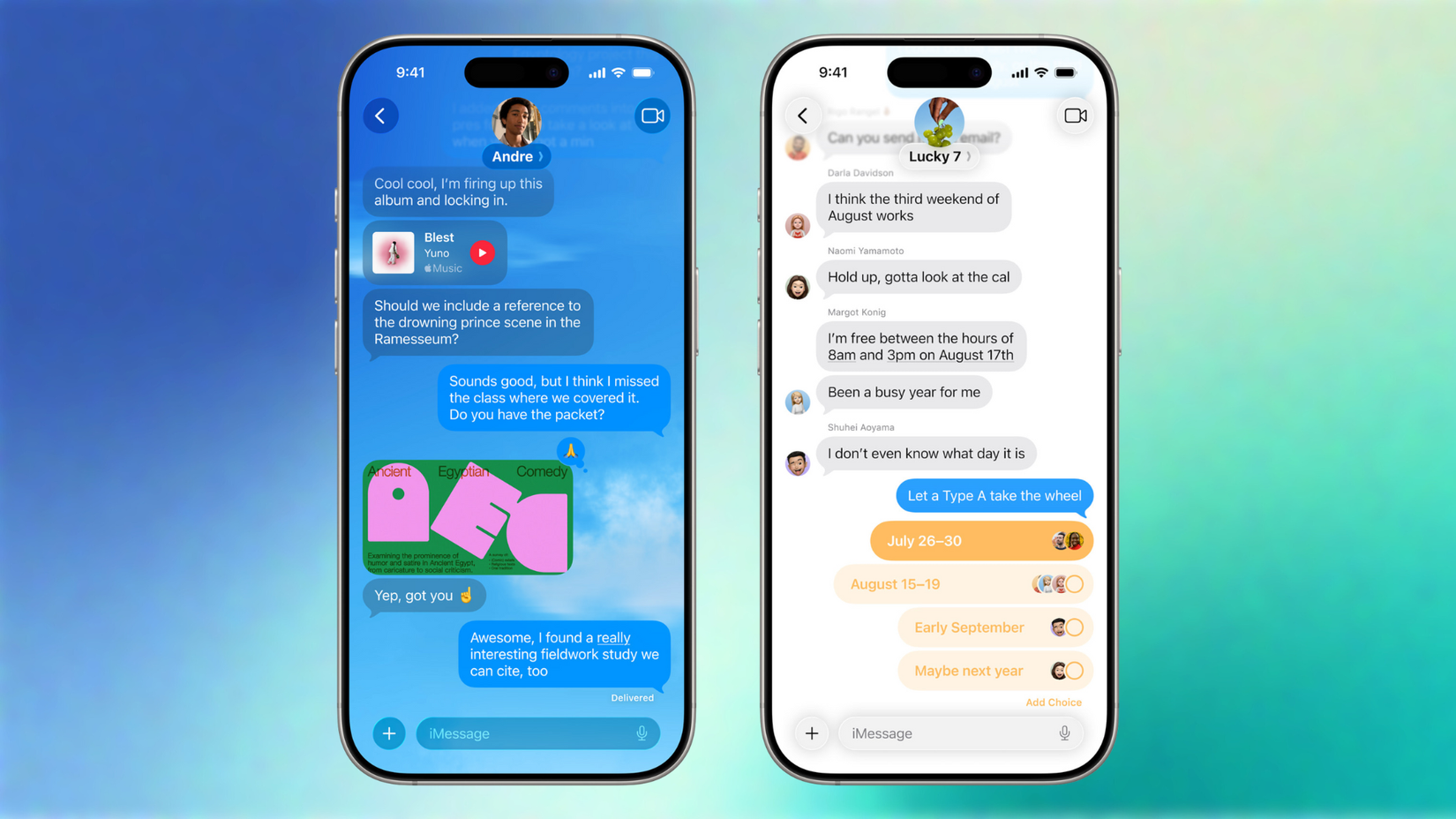 Screenshot of the new custom background and polls feature in Apple Messages.
