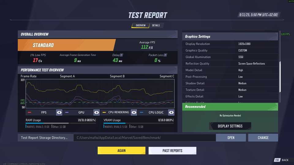 A performance test report in Marvel Rivals.