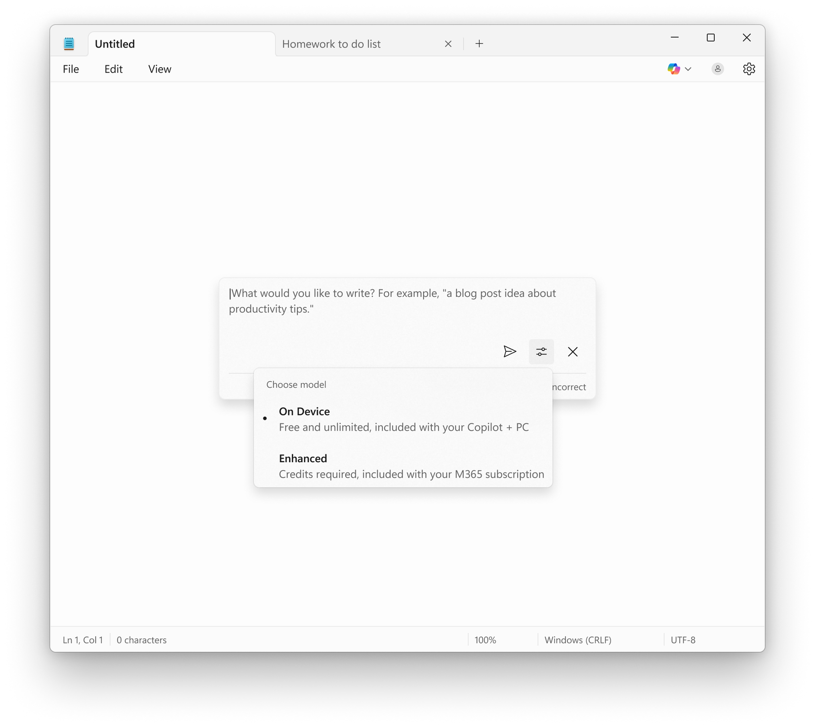 Bloco de notas mostrando prompt de gravação com a capacidade de usar o modelo local no seu copilot+ pc sem uma assinatura. 