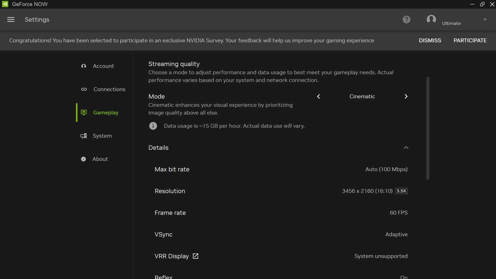 NVIDIA GeForce NOW Blackwell RTX Ultimate upgrade's new Cinematic mode in the Gameplay settings.