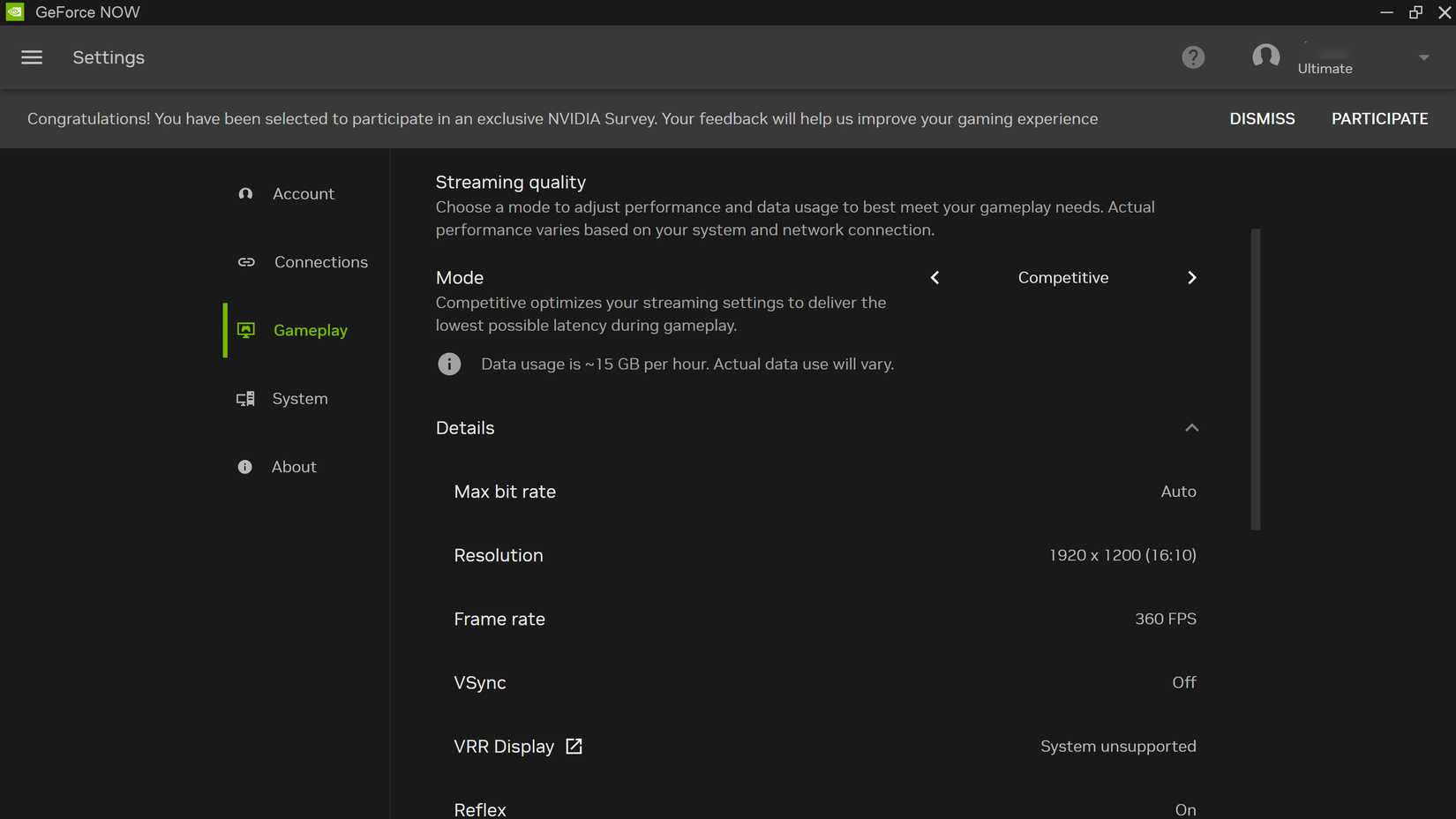 NVIDIA GeForce Now Ultimate set to Competitive Mode in the app.