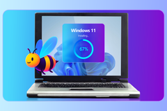 Old laptop installing Windows 11 with a progress bar, while Flyoobe hovers beside the screen.