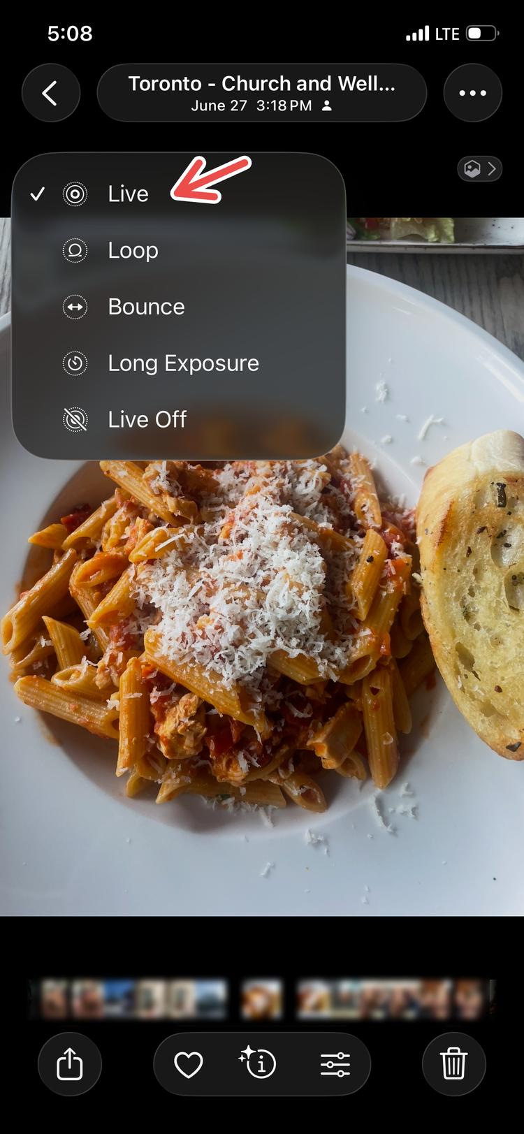 Accessing a Live photo's options on the Photos app.