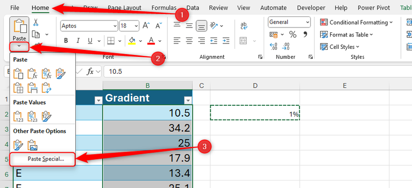 A PASTE Special é selecionada no menu suspenso Paste no Microsoft Excel.