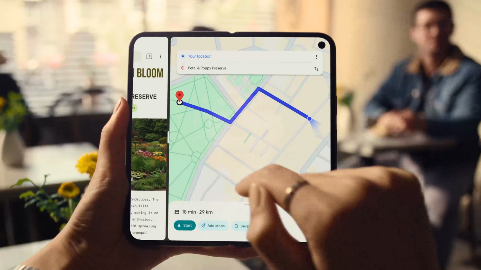 Picture of the Pixel 10 Pro Fold's screen with Google Maps on it.
