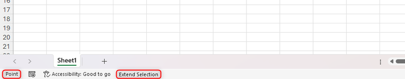 Os modos de seleção de pontos e estender são ativados no Excel.