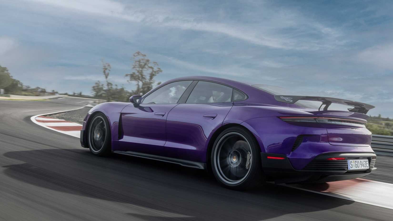 Rear 3/4 action shot of a 2025 Porsche Taycan Turbo GT