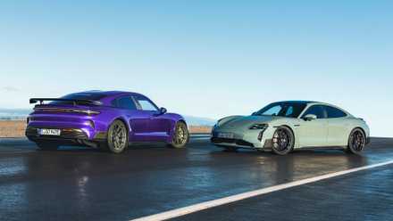 The Mercedes-AMG GT 4-Door is now an EV—and it may fit Tesla in a drag race Front and rear 3/4 shots of a 2025 Porsche Taycan and Taycan Turbo GT
