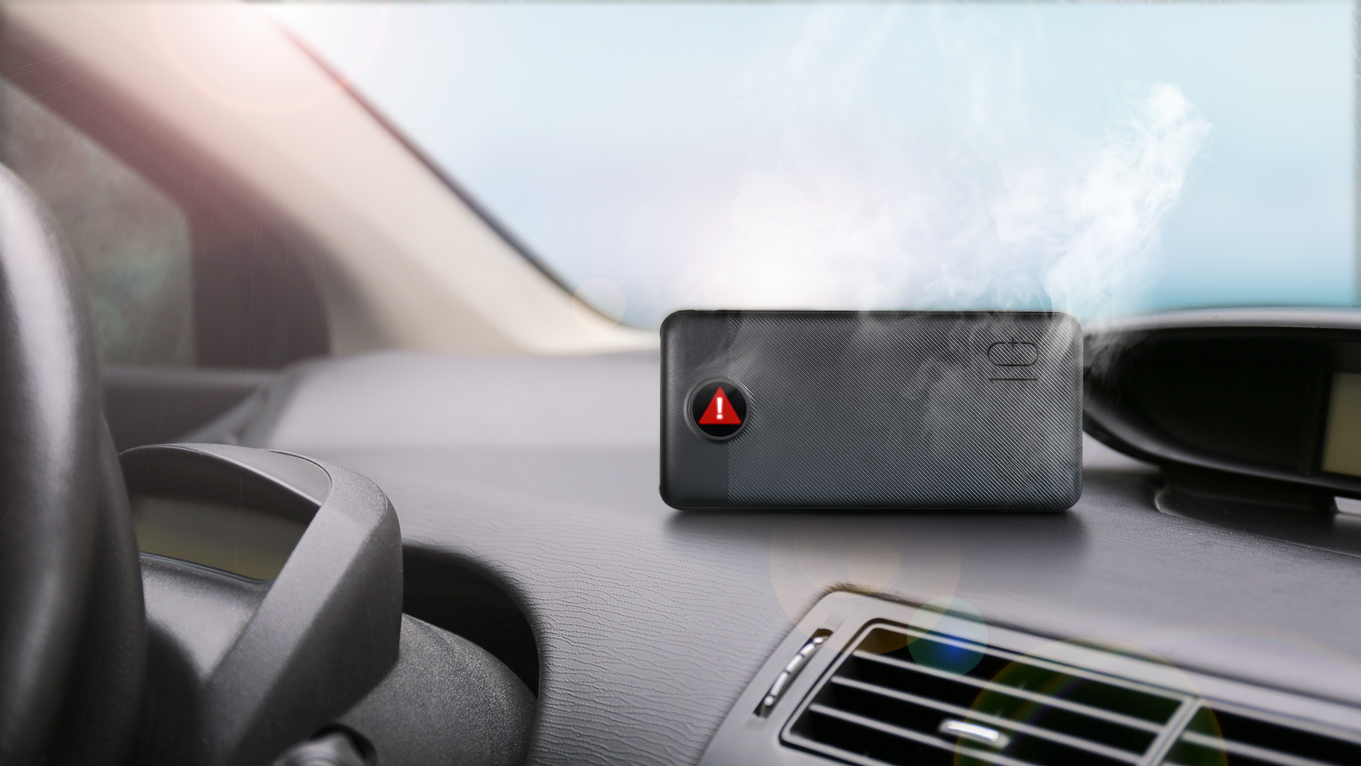 Portable battery overheating on a car dashboard with warning icon and smoke.