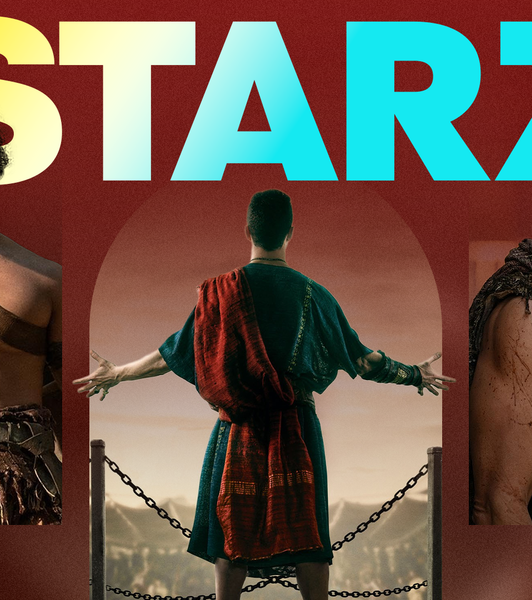 Promotional collage featuring characters from Starz's Spartacus House of Ashur, with the Starz logo at the top center.