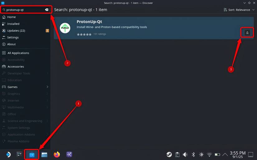 Searching for ProtonUp-Qt app in Discovery store on SteamOS.