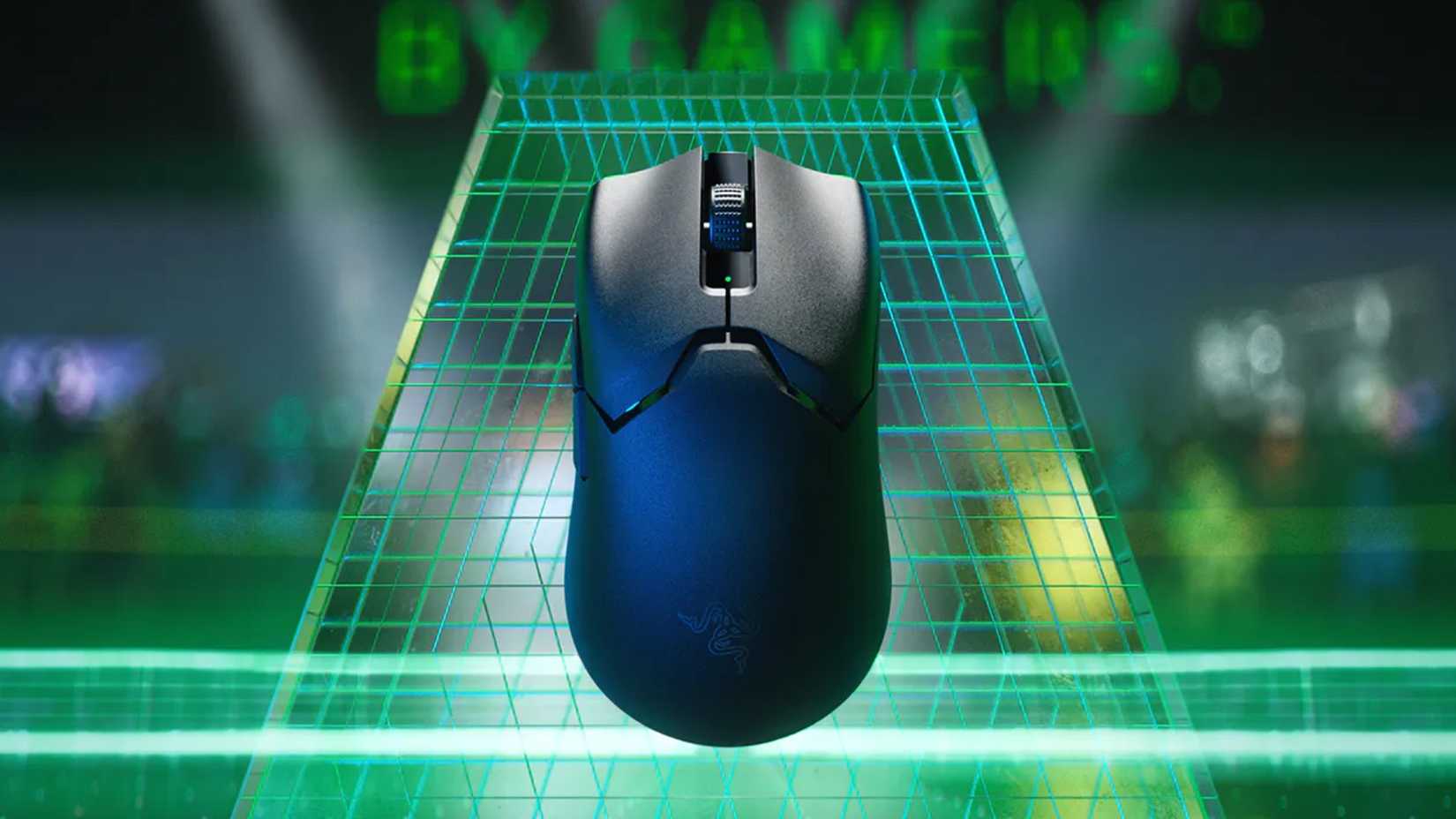 Razer Viper V2 Pro Gaming Mouse on a background that has a grid and by Gamers faintly in the background