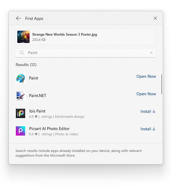 Results shown for searching for Paint directly within the Windows search window using 'Find Apps'.