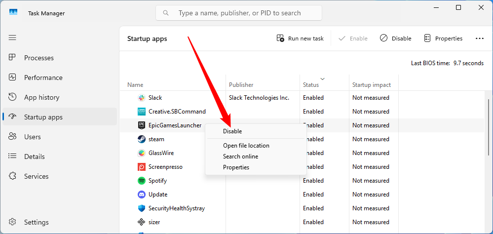 Right-click any app that is Enabled and then select Disabled to prevent it from launching automatically.