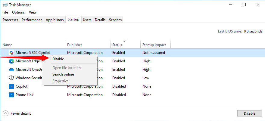 Right-click the app you want to disable, then click Disable in the context menu that appears.