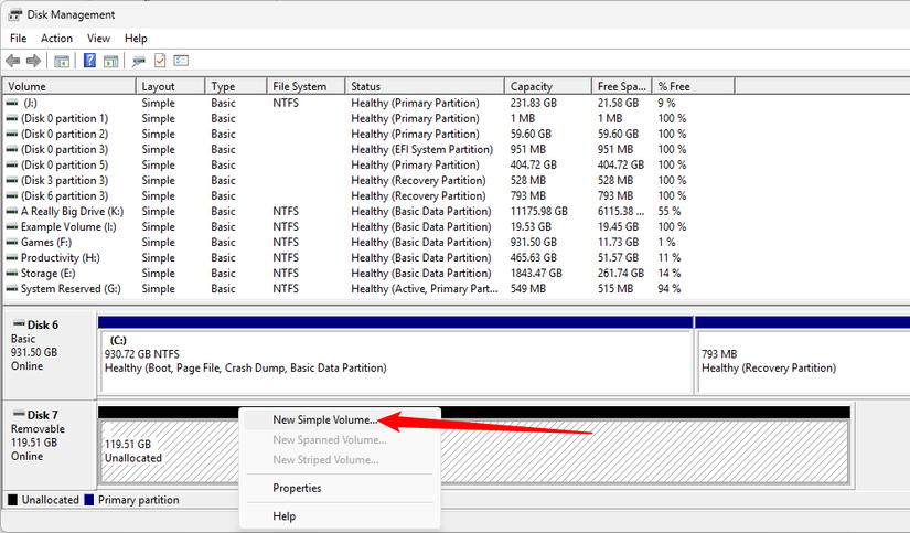 Right-click the unformatted volume and then select New Simple Volume.
