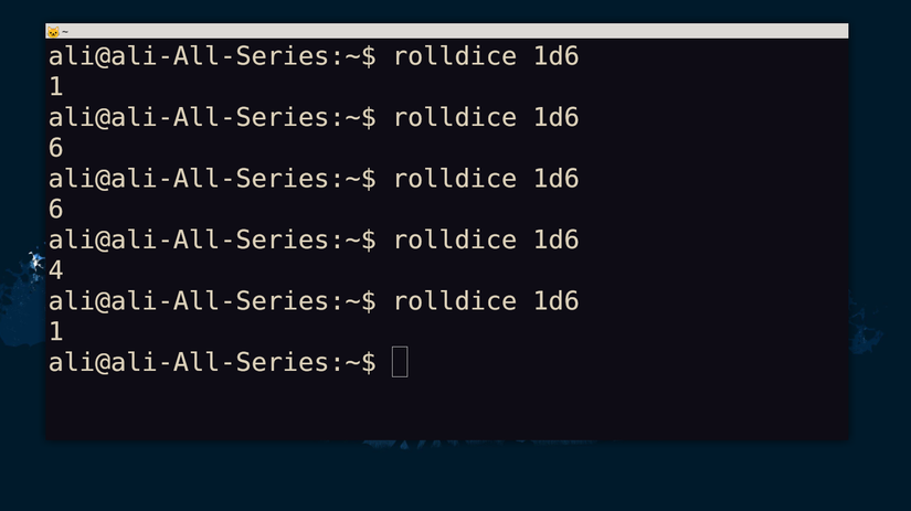 Linux terminal showing rolldice tool to roll dice using terminal