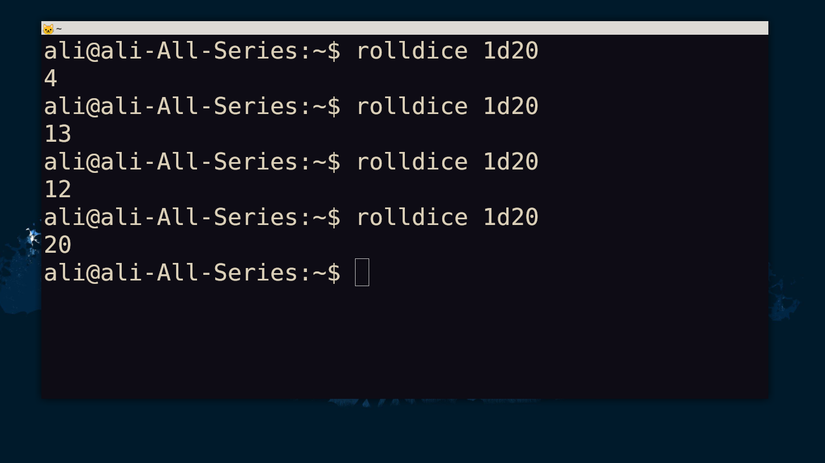 Linux terminal showing rolldice tool to roll dice using terminal