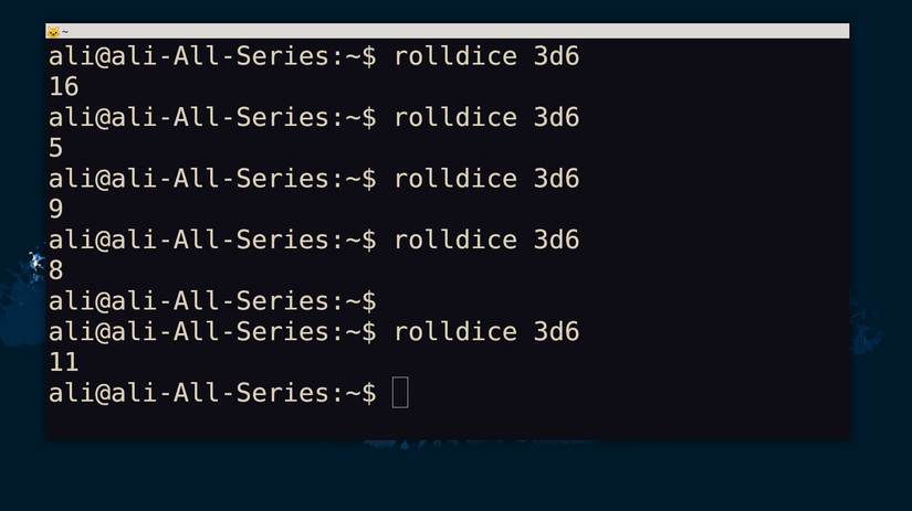 Linux terminal showing rolldice tool to roll dice using terminal
