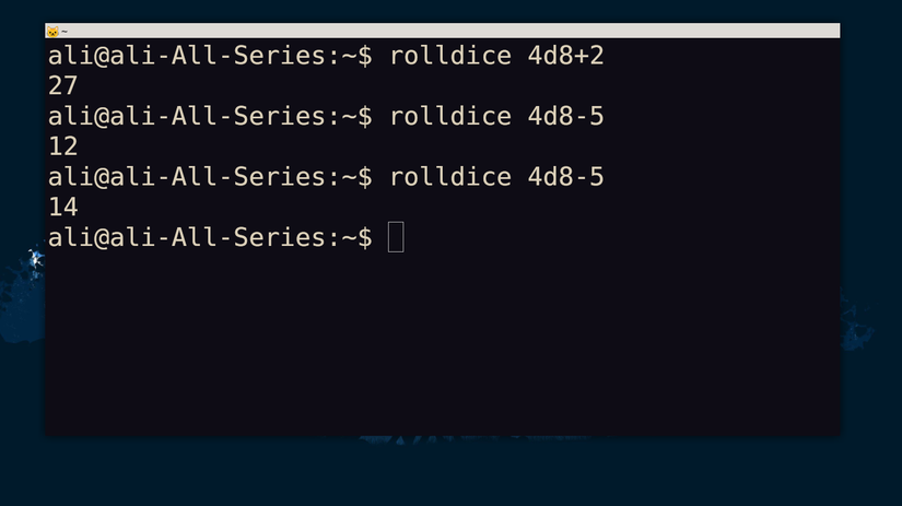 Linux terminal showing rolldice tool to roll dice using terminal