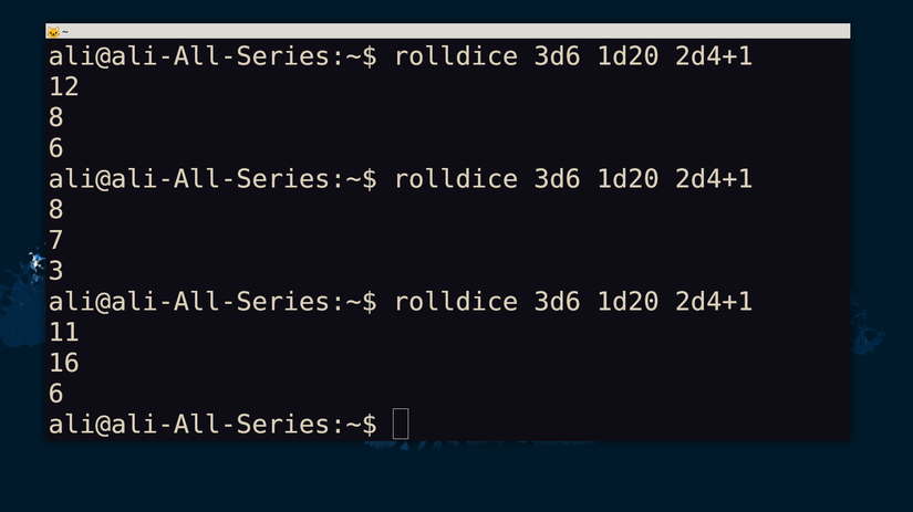 Linux terminal showing rolldice tool to roll dice using terminal