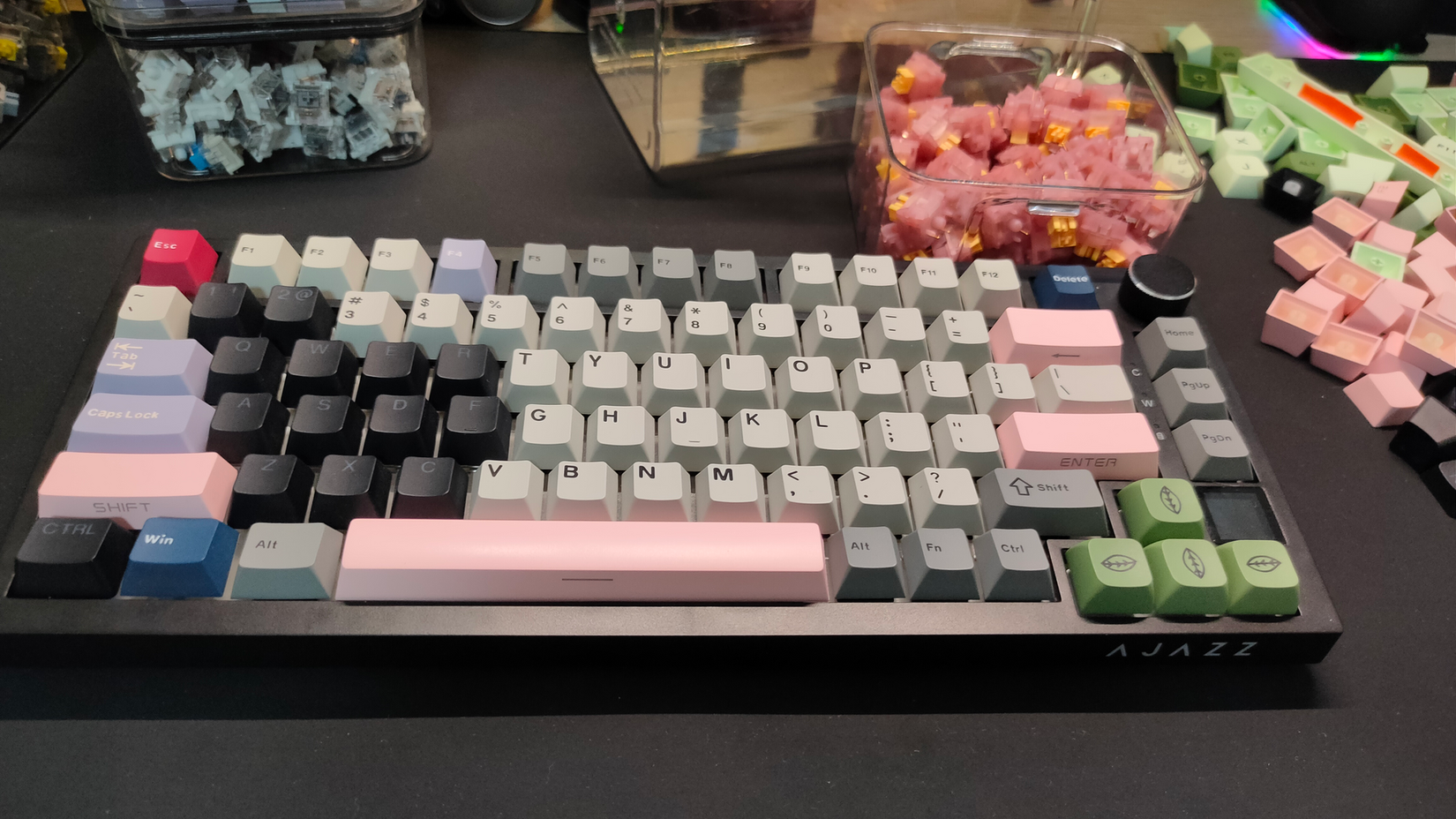 The Ajazz AK820 Pro mechanical keyboard featuring a mix of keycaps and switches.