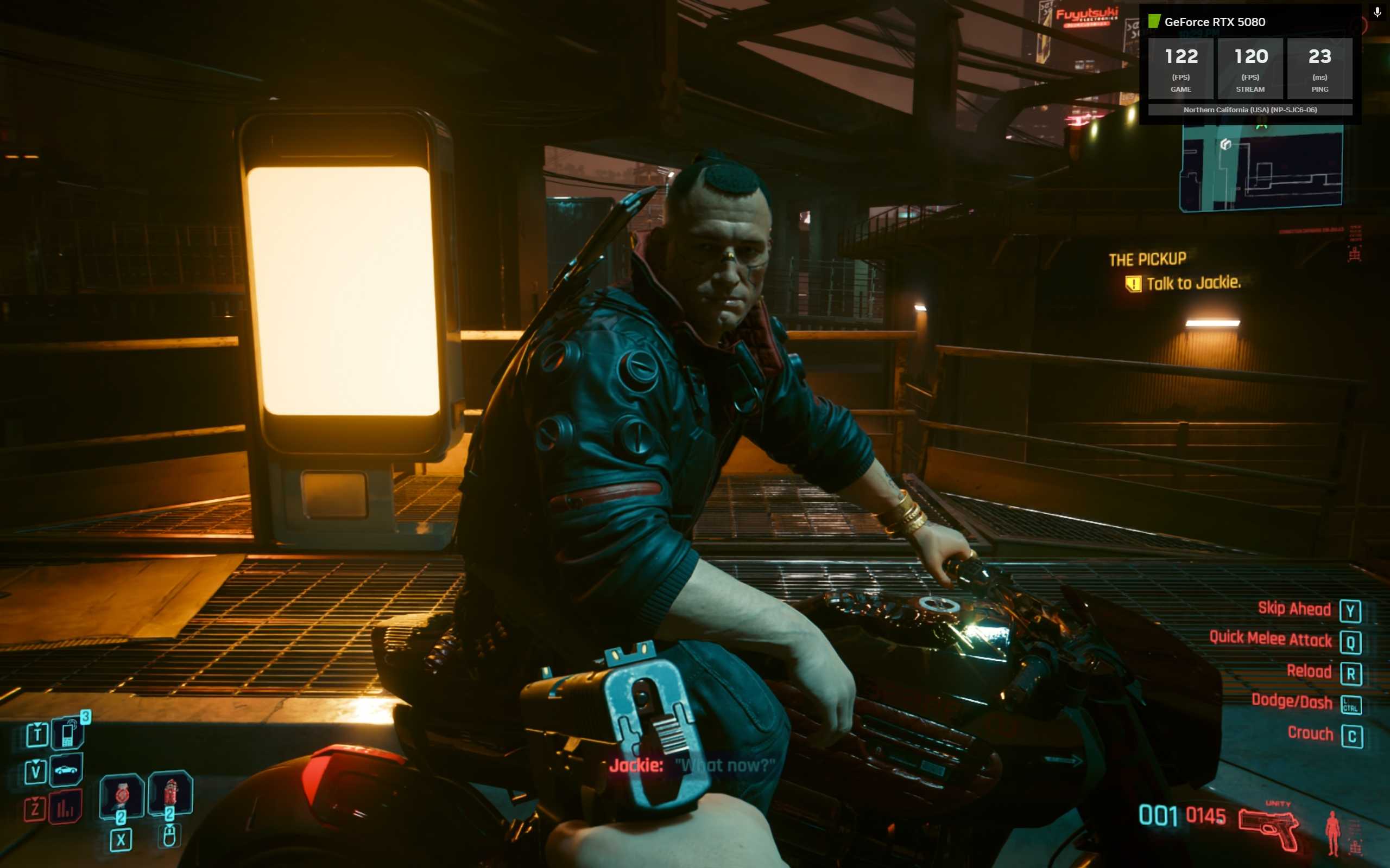DLSS4 in 'Cyberpunk 2077' through GeForce NOW Ultimate Blackwell RTX.