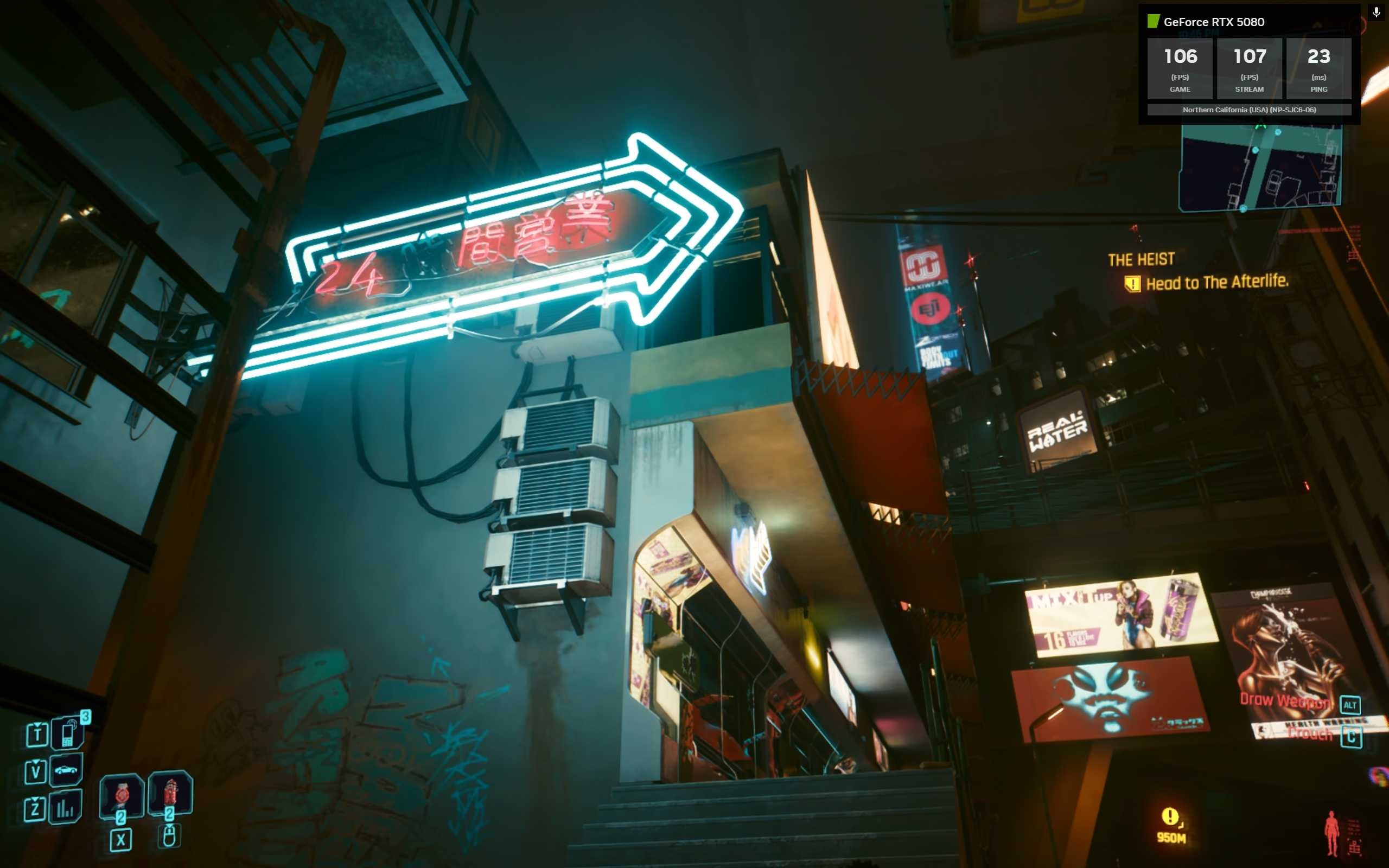 A screenshot of a ray-traced neon sign from DLSS4 in 'Cyberpunk 2077' through GeForce NOW Ultimate Blackwell RTX.